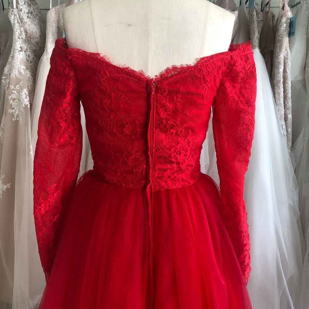Red Off Shoulder Ball Gown Tulle Skirt, Lace Top - Picture 5 of 8